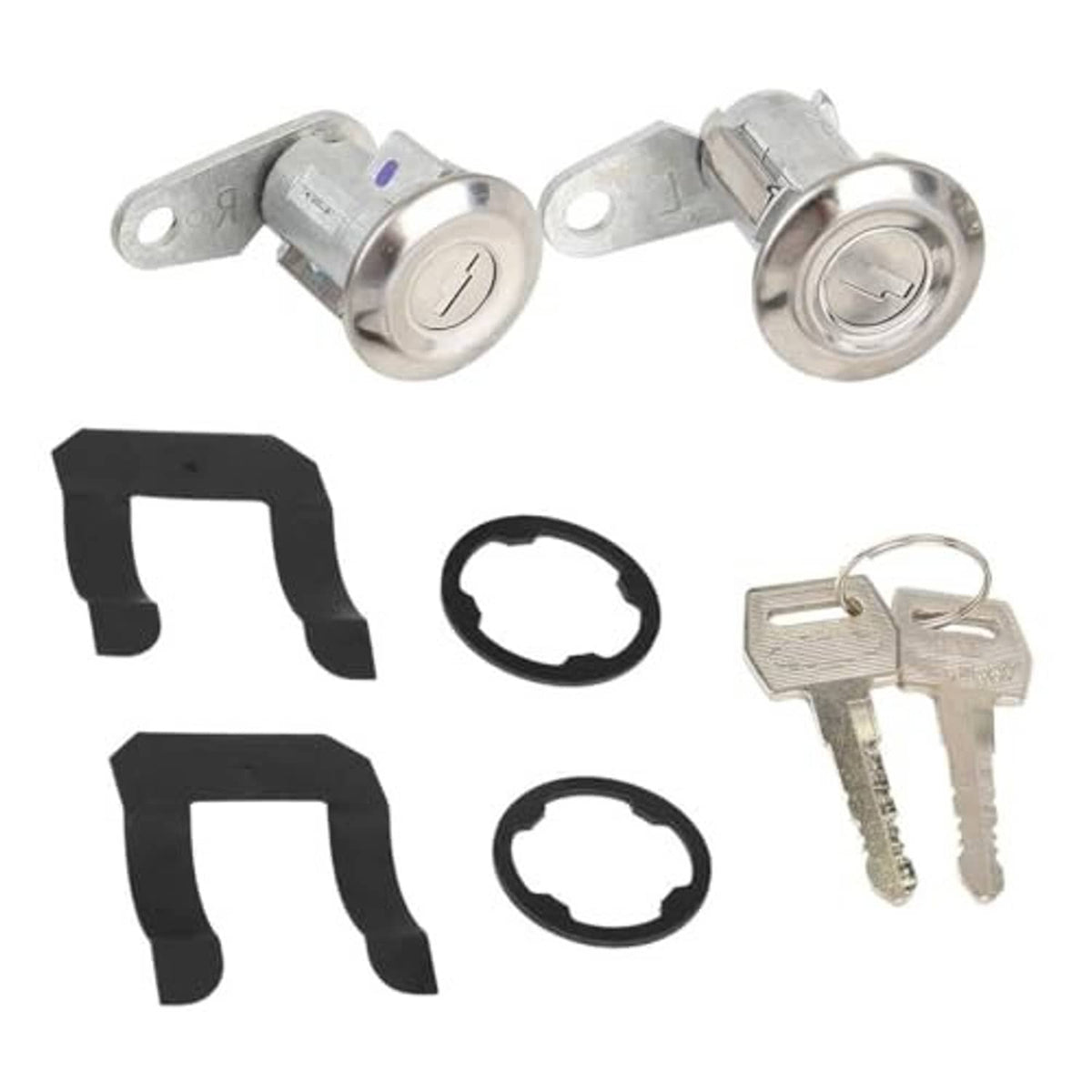 Pair of metal car door lock cylinders with two keys and black mounting pieces