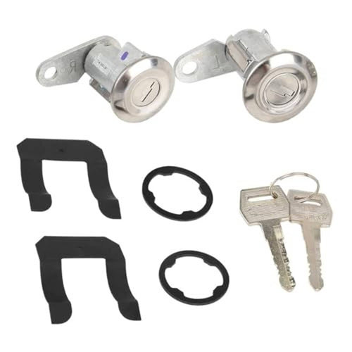 Pair of metal car door lock cylinders with two keys and black mounting pieces