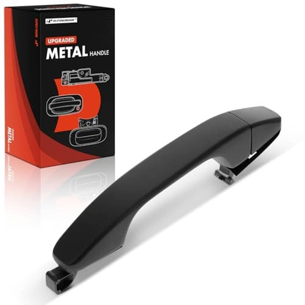 Black exterior door handle with curved grip, end cap, and metal mounting