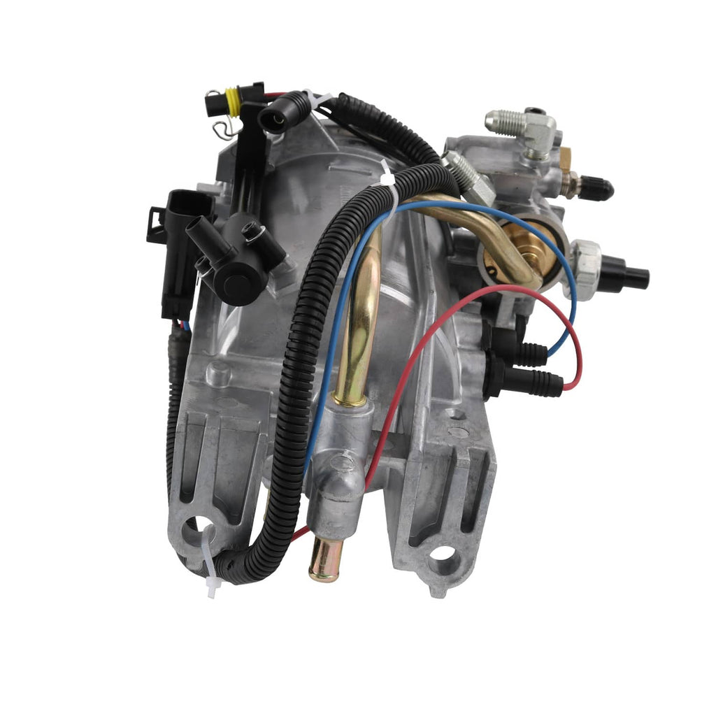 Fuel filter housing assembly with electrical connectors, braided hoses, and silver metal casing
