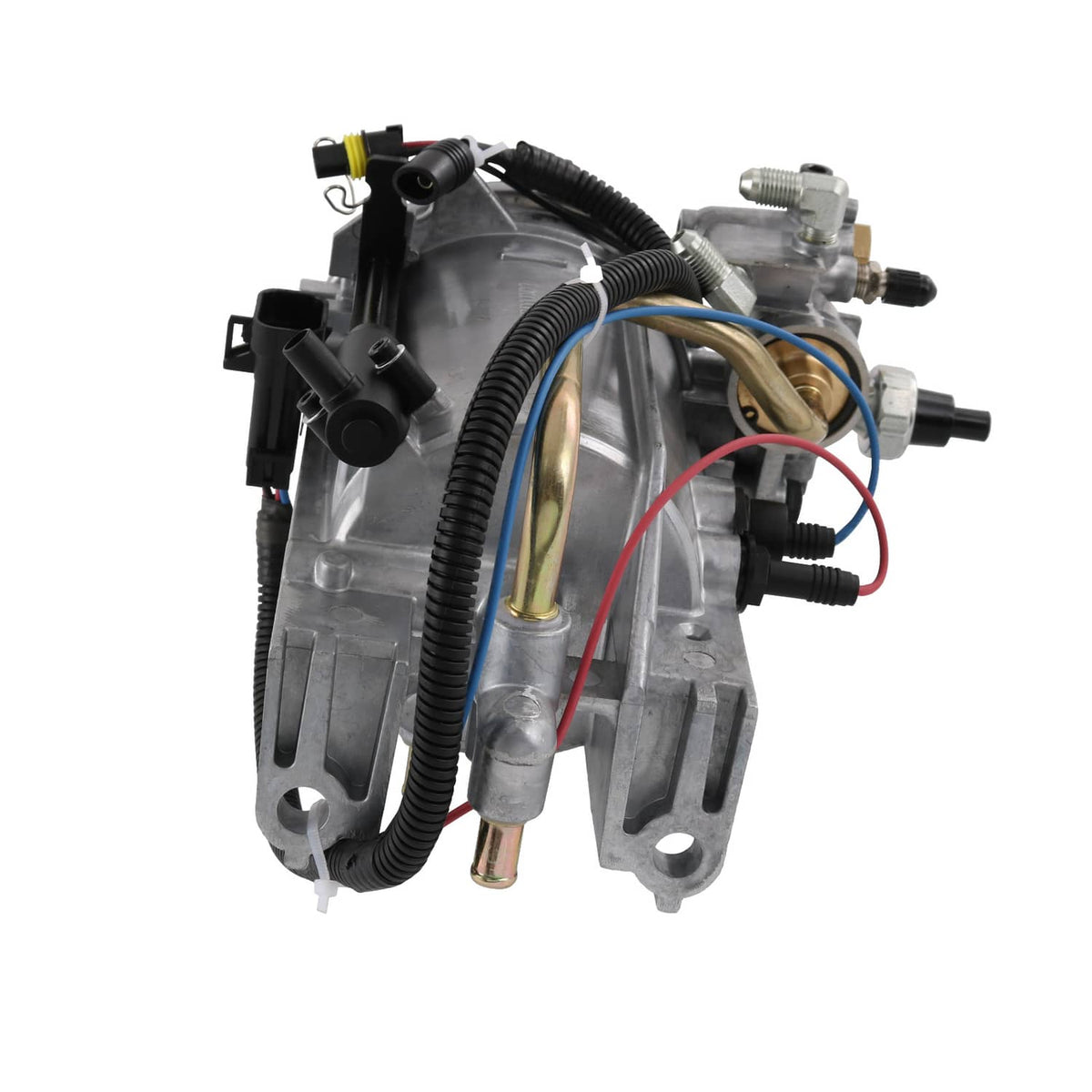 Fuel filter housing assembly with electrical connectors, braided hoses, and silver metal casing
