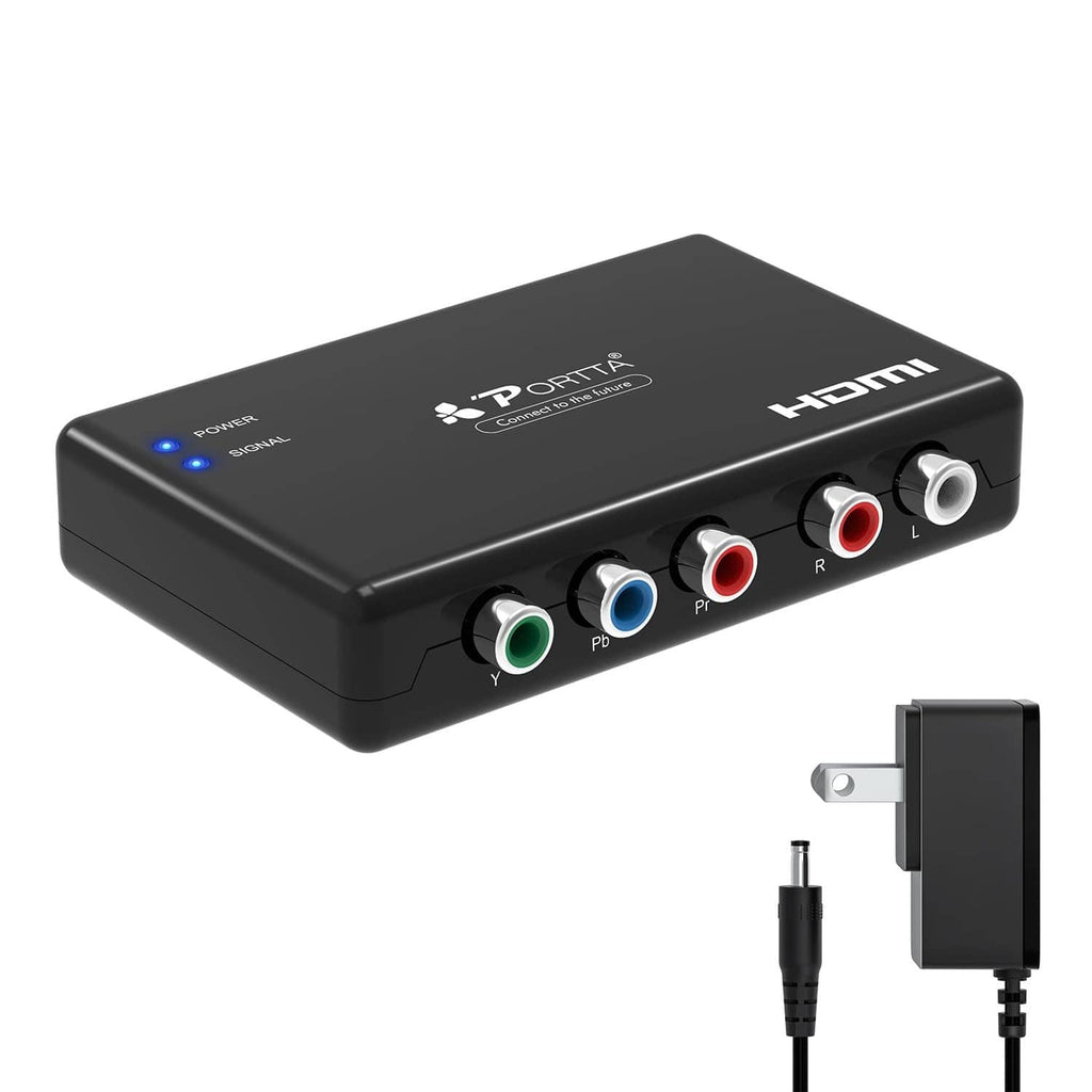 Black HDMI component converter box with colored RCA inputs and HDMI output