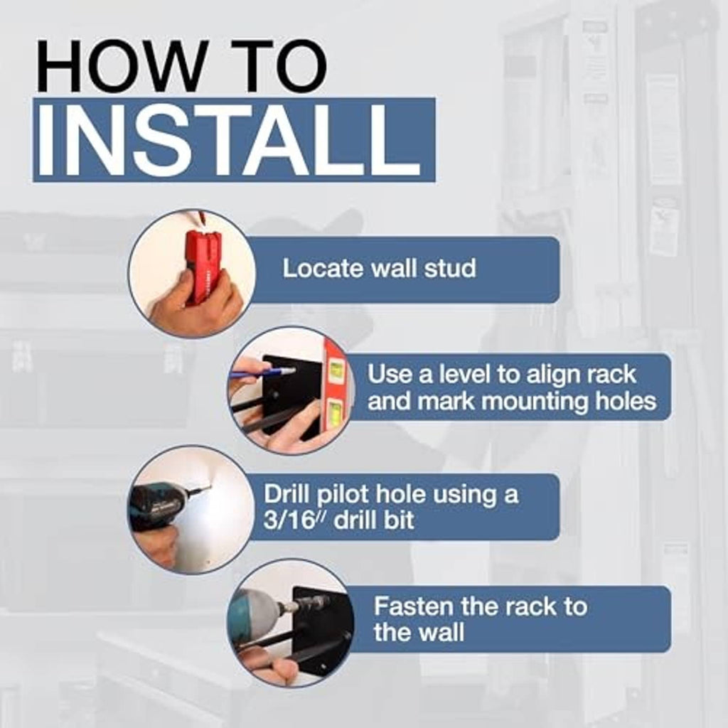 Steel ladder hanger shown with mounting steps for attaching to a wall stud.