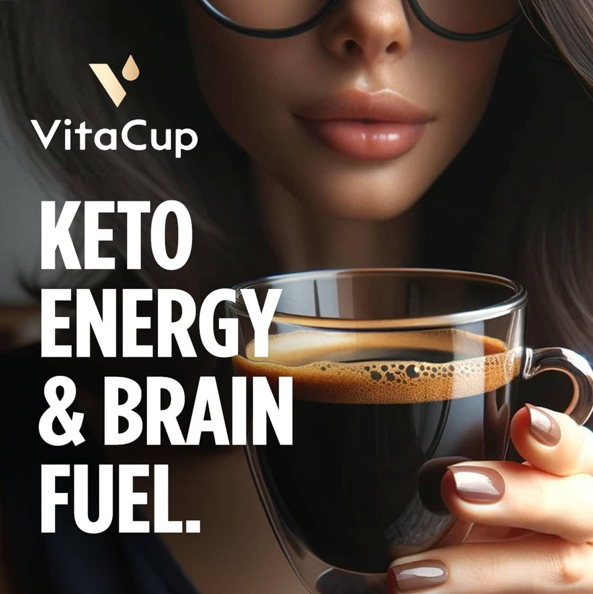 Dark coffee cup in hand with foamy top, promoting keto energy and brain fuel