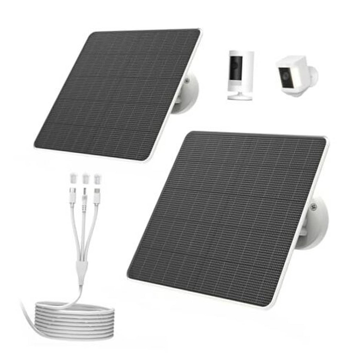 Solar panel kit: two dark gray panels with wall mounts, USB cables, and wire bundle