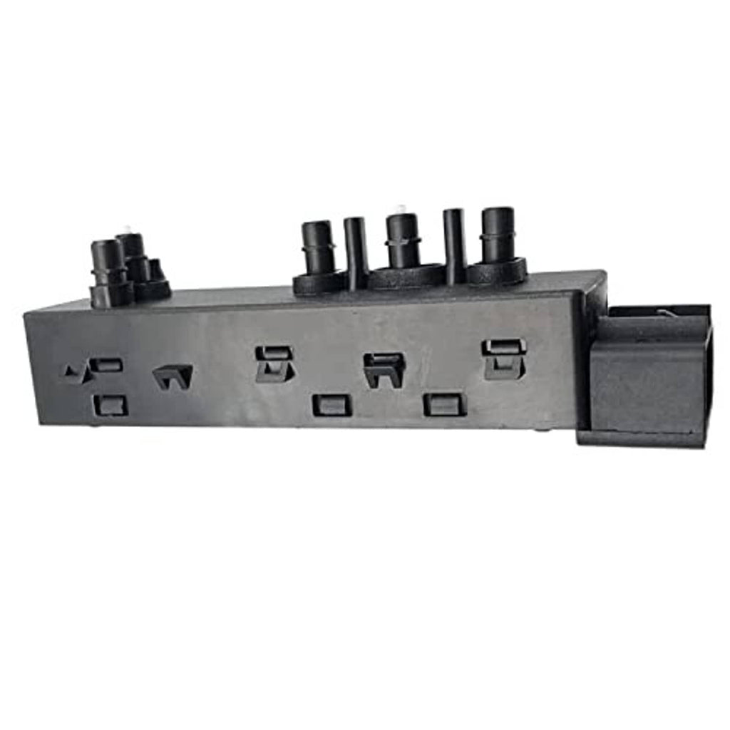 Power seat control switch top with icon buttons and rear wiring plug housing, dark gray