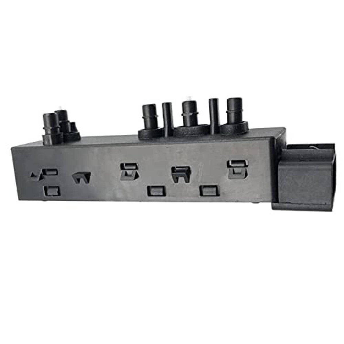 Power seat control switch top with icon buttons and rear wiring plug housing, dark gray
