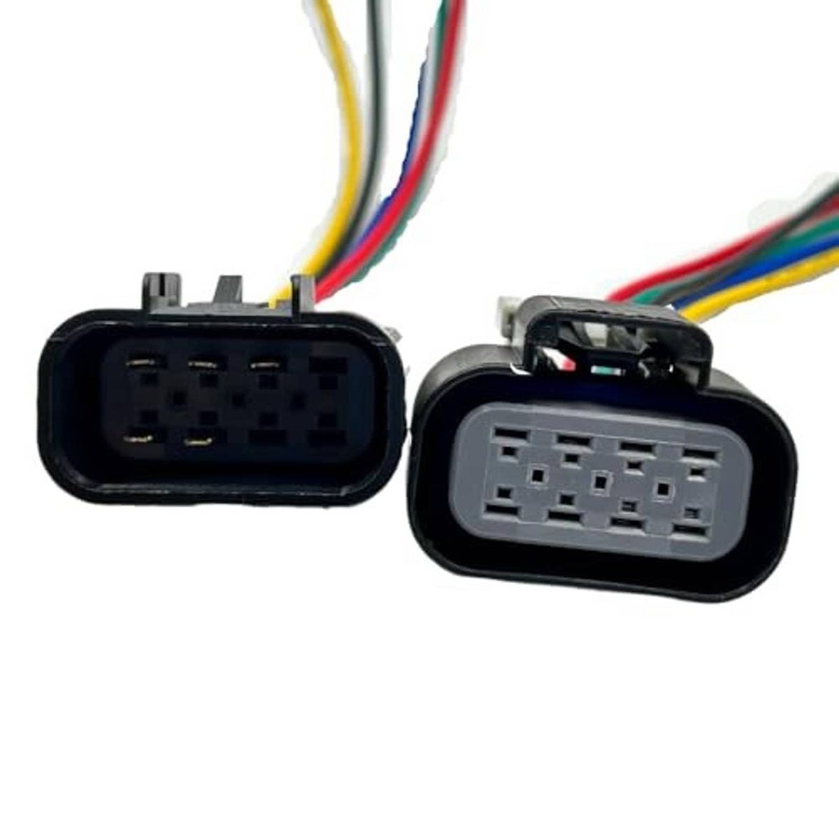 Close-up of 5-pin headlight connector plugs, black housing, color-coded wire leads