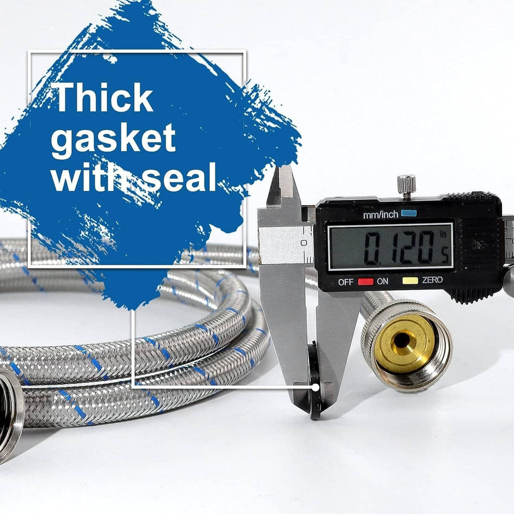 Stainless braided washing machine hose with brass connector and thick gasket seal, close-up.