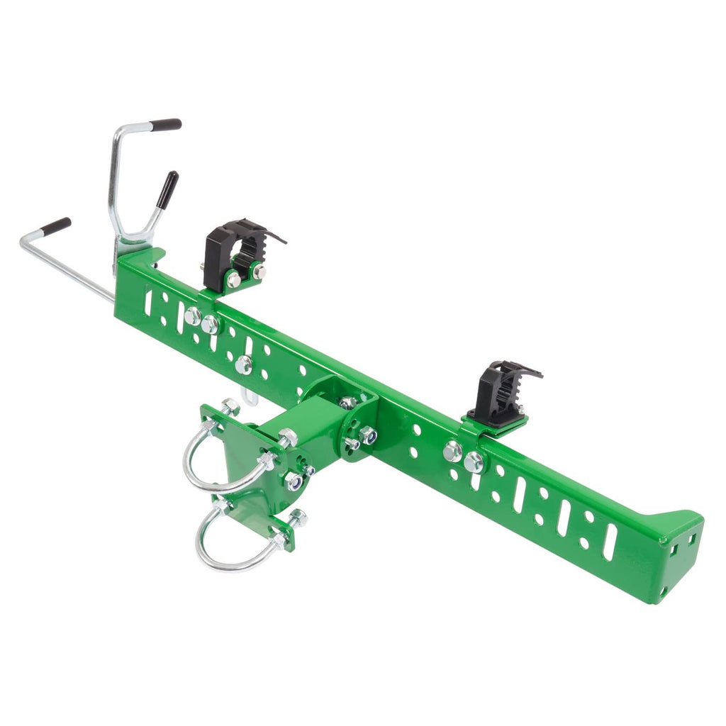 Green trimmer holder rack with long perforated bar and lifting handle