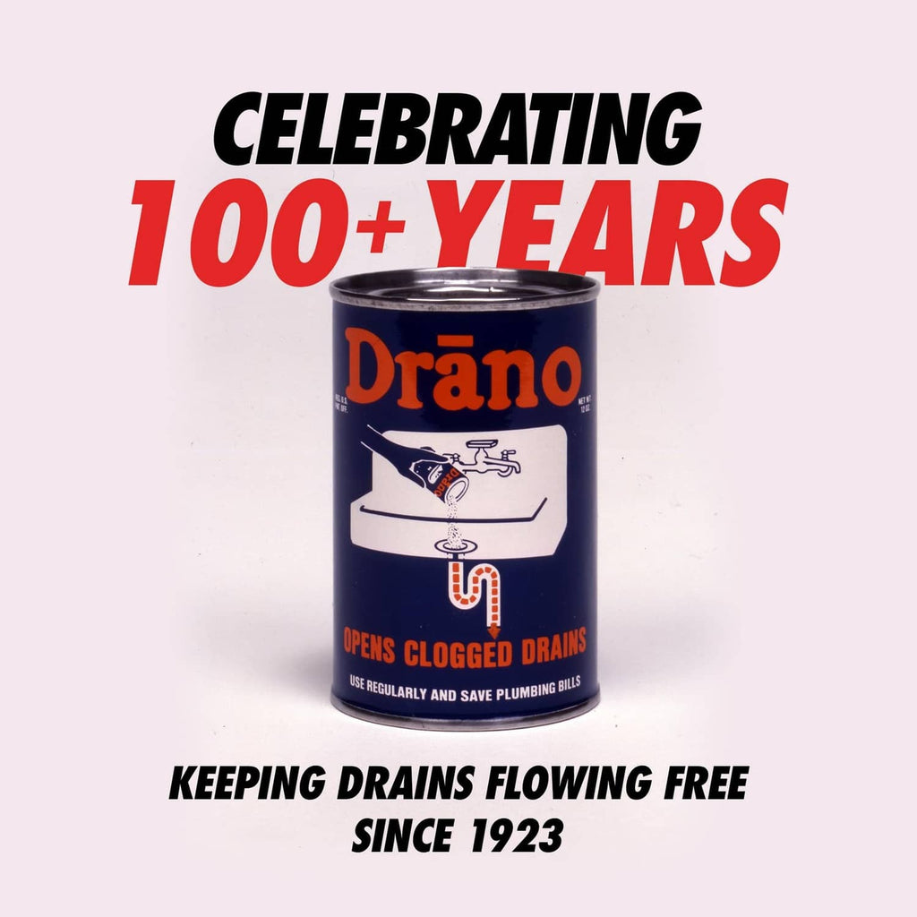 Drain clog remover granules bottle with blue label and red cap