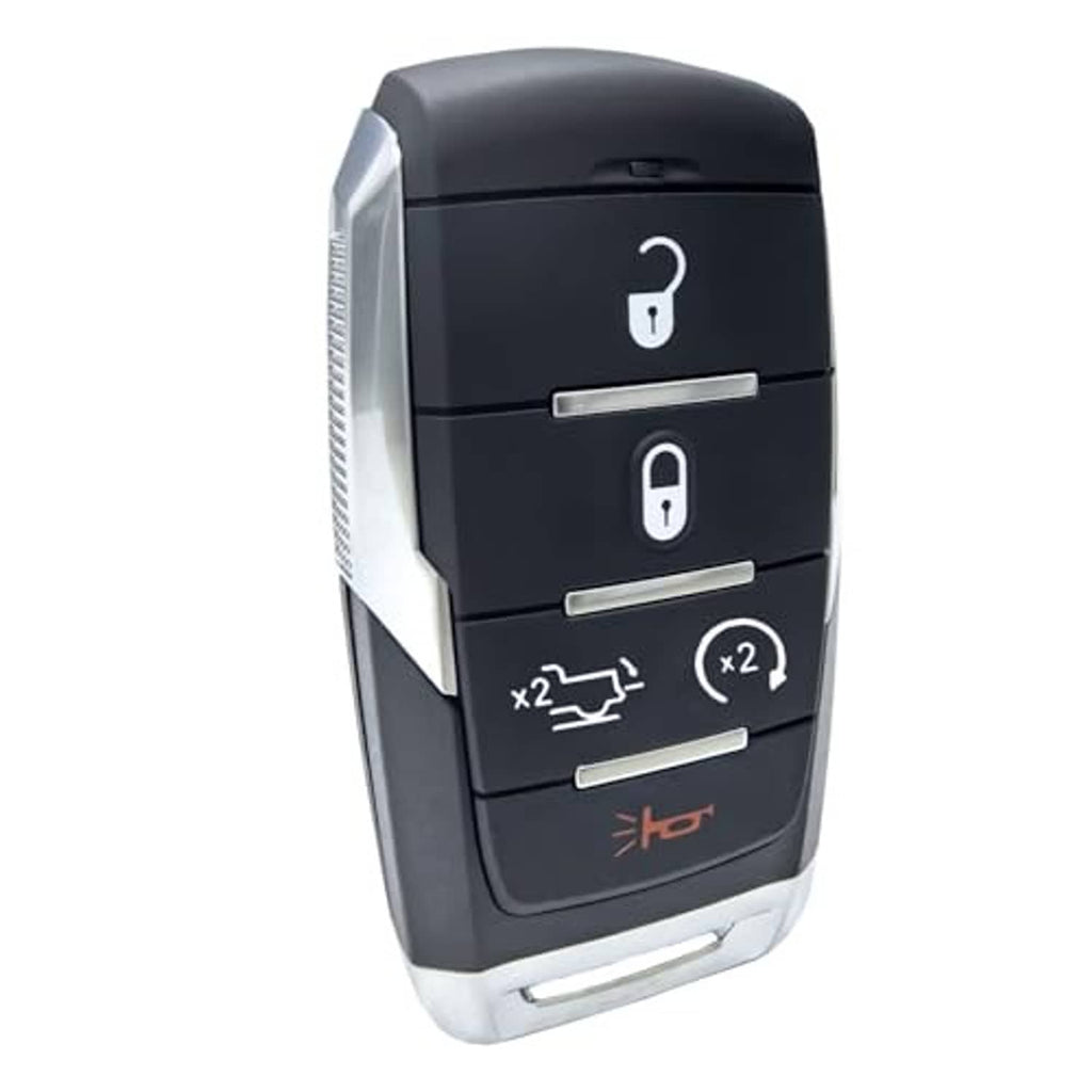 Black key fob angled front view with lock, unlock, and horn icon buttons