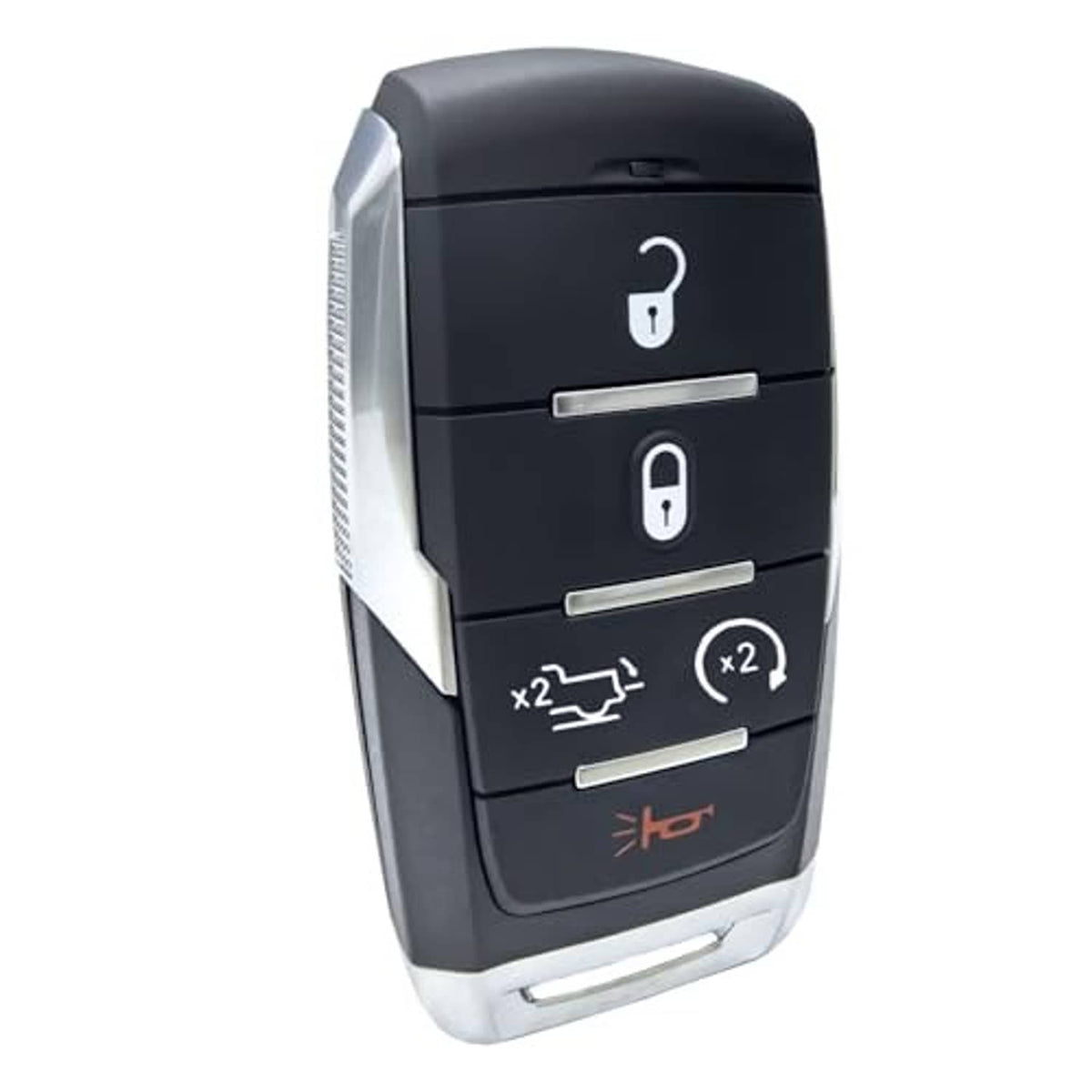 Black key fob angled front view with lock, unlock, and horn icon buttons