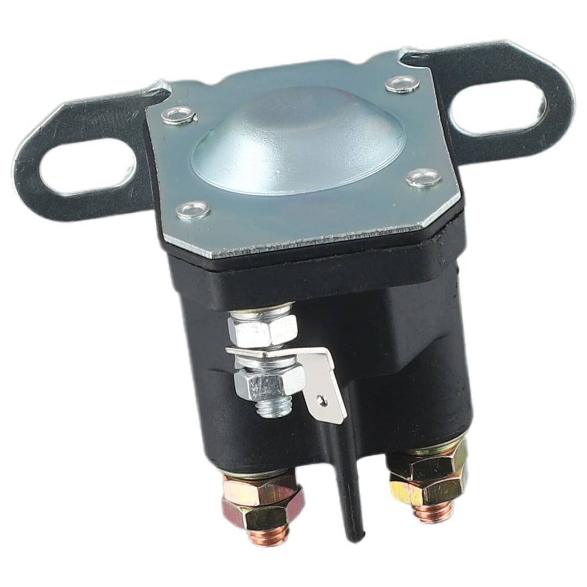 Black solenoid with blue metal top cover and three electrical terminals