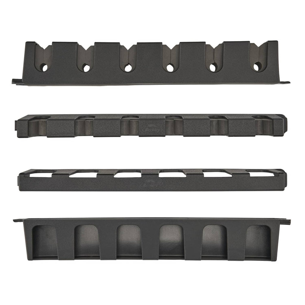 Set of black vertical rod rack parts with six cushioned holder pads.