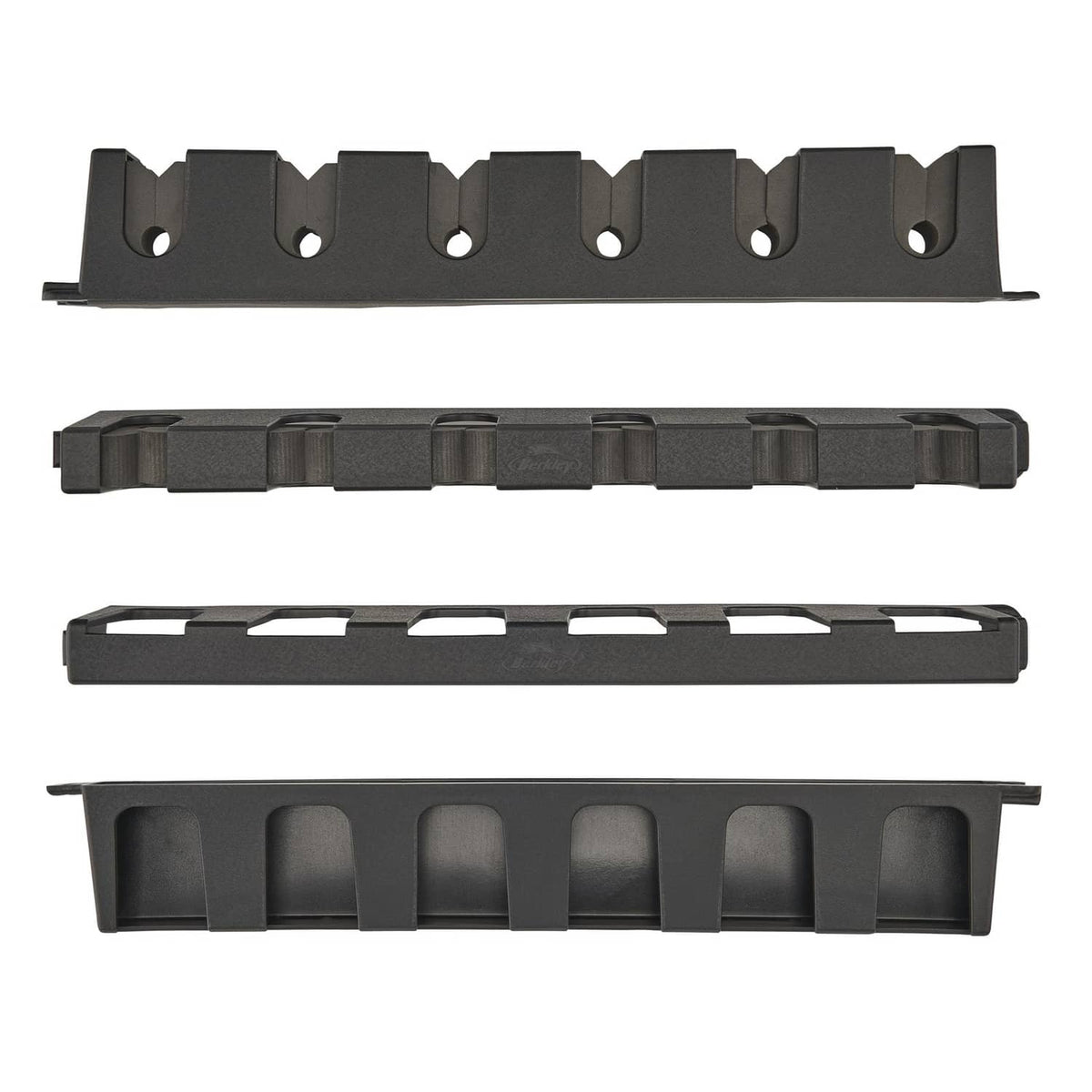 Set of black vertical rod rack parts with six cushioned holder pads.
