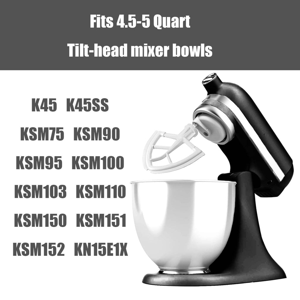 White flexible edge beater attachment on tilt-head mixer with bowl compatibility