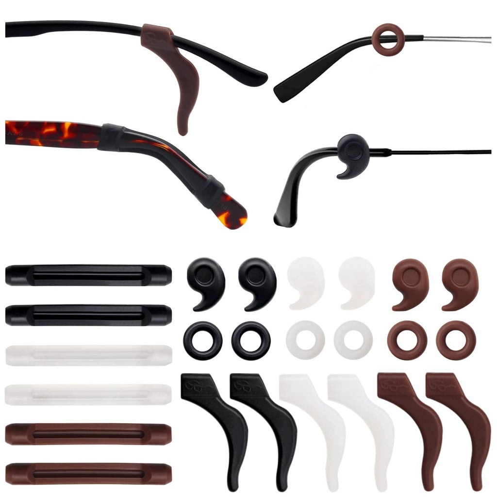 Silicone eyeglass retainers set: brown and black temple grips with holding rings