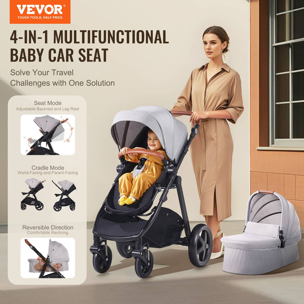 Light gray baby stroller with bassinet playard set, seated stroller view