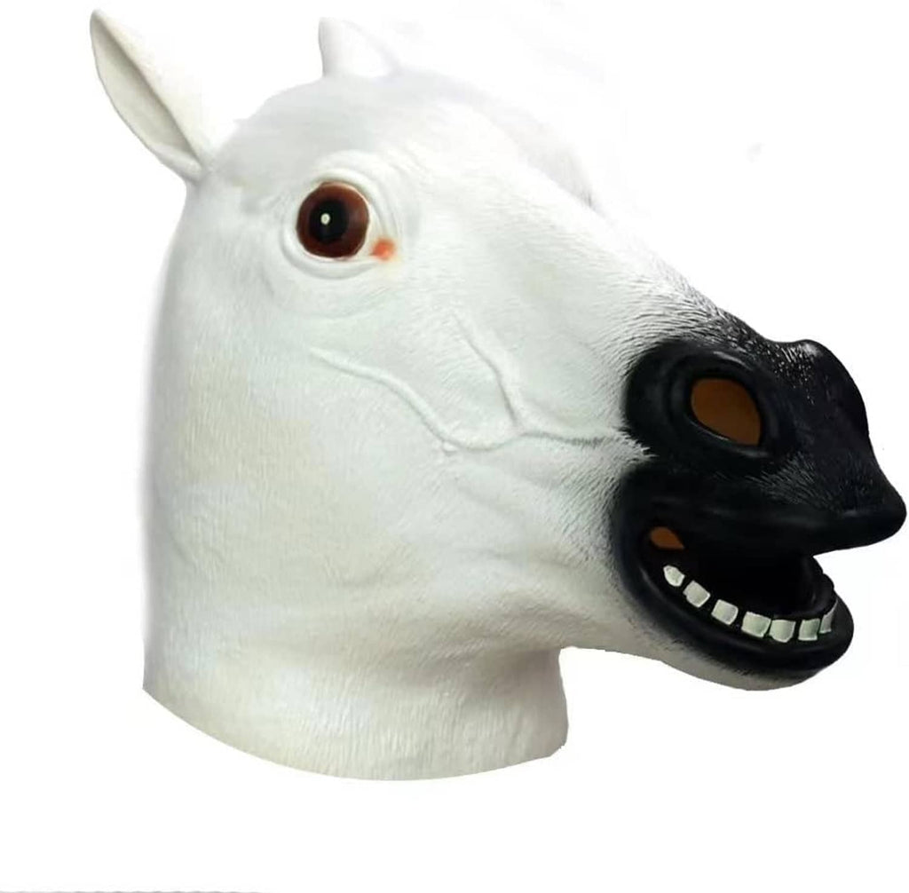 White horse latex head mask, side view, brown eye, black muzzle with white teeth