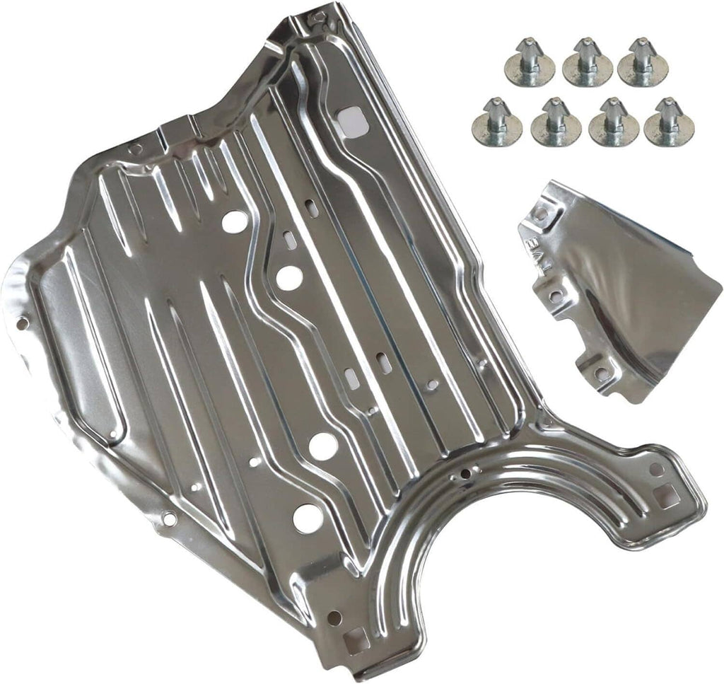 Silver engine splash guard panel kit with screws, brackets, and mounting hardware
