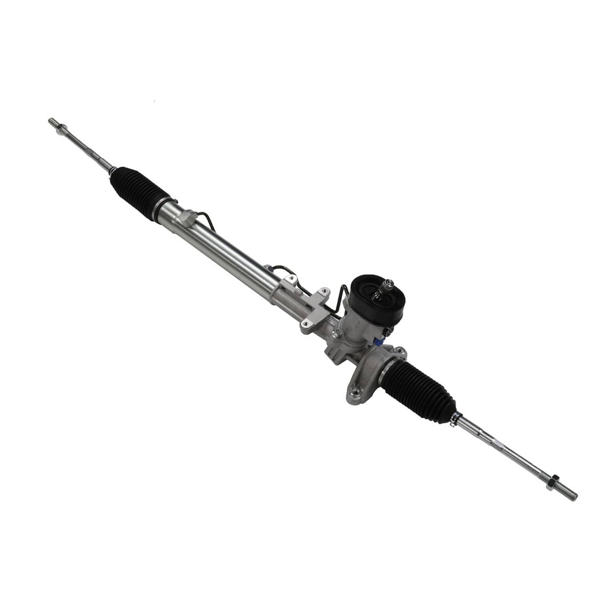 Power steering rack and pinion with mounting bracket and tie rods, silver body and black boots
