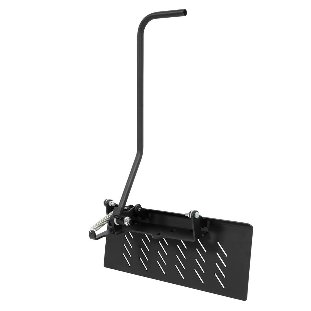Black mower chute blocker shield with upright handle and side mounting brackets