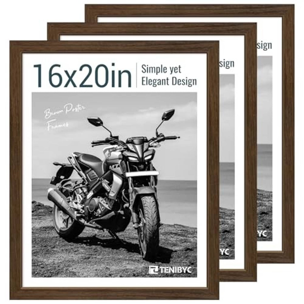 Set of three brown woodgrain 16x20 picture frames, front view stacked with angled overlap