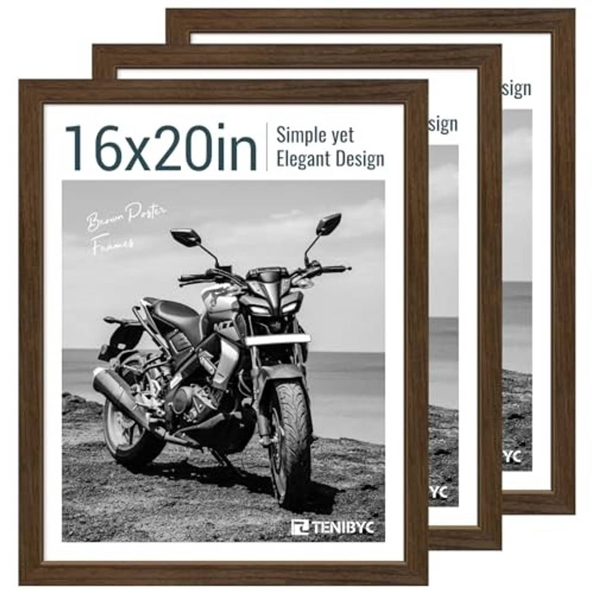 Set of three brown woodgrain 16x20 picture frames, front view stacked with angled overlap