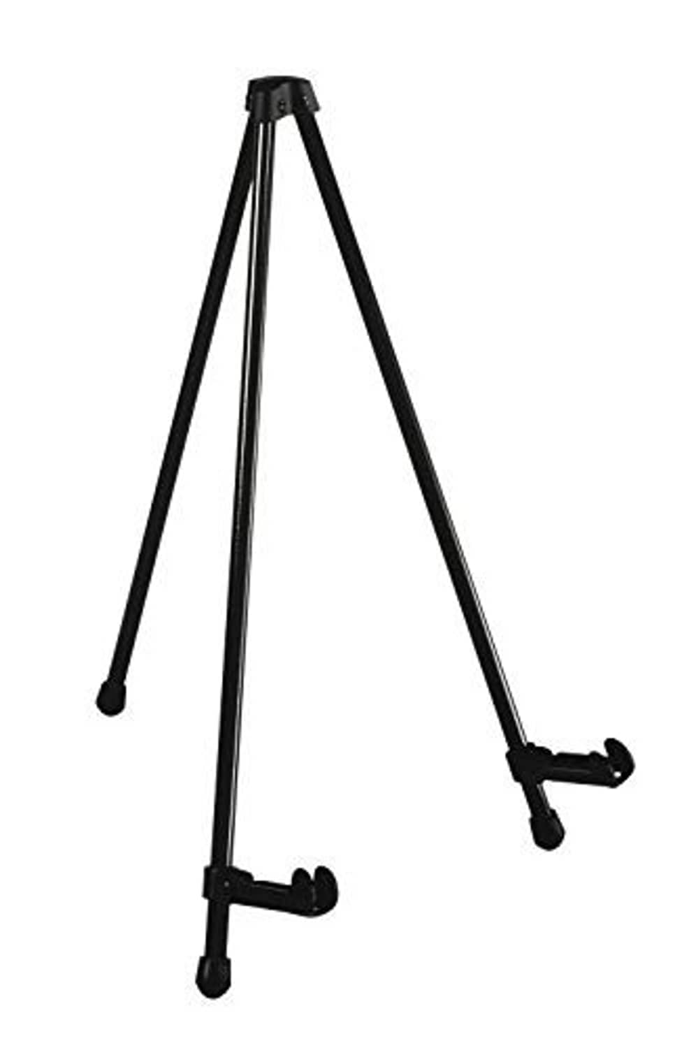 Black tabletop tripod easel with foldable legs and adjustable art support arms