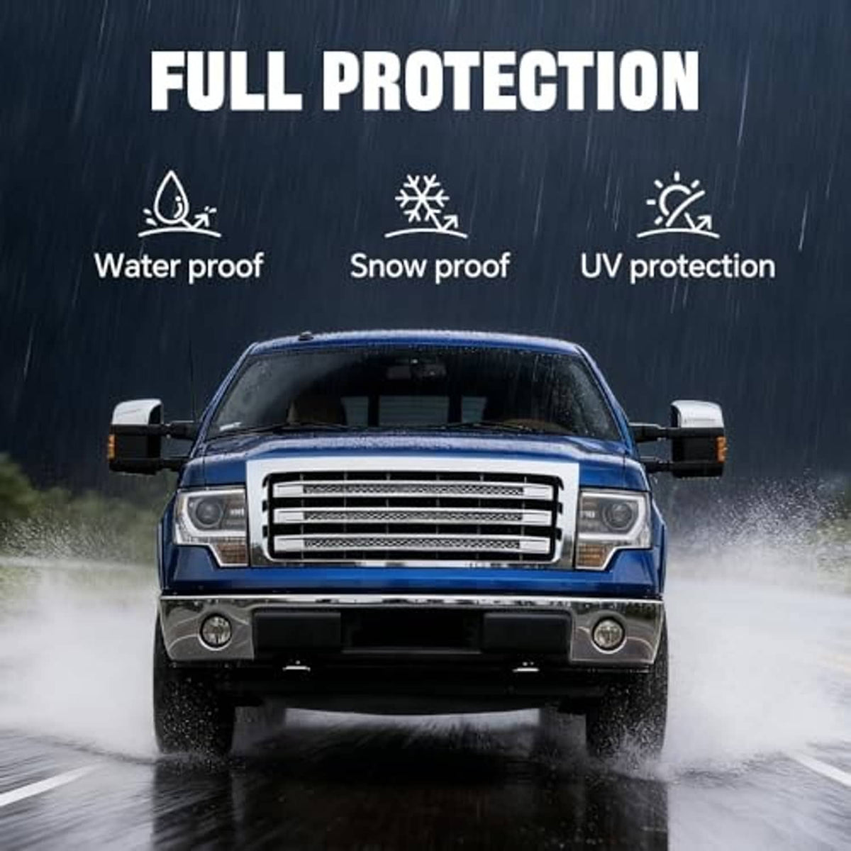 Front bumper guard pads, shown on a pickup during wet-road spray