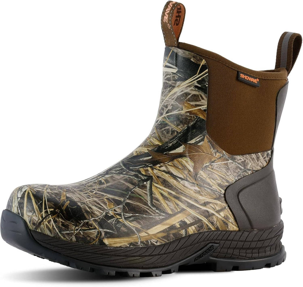 Men's camouflage rubber rain boot with brown pull-on collar and rugged tread sole