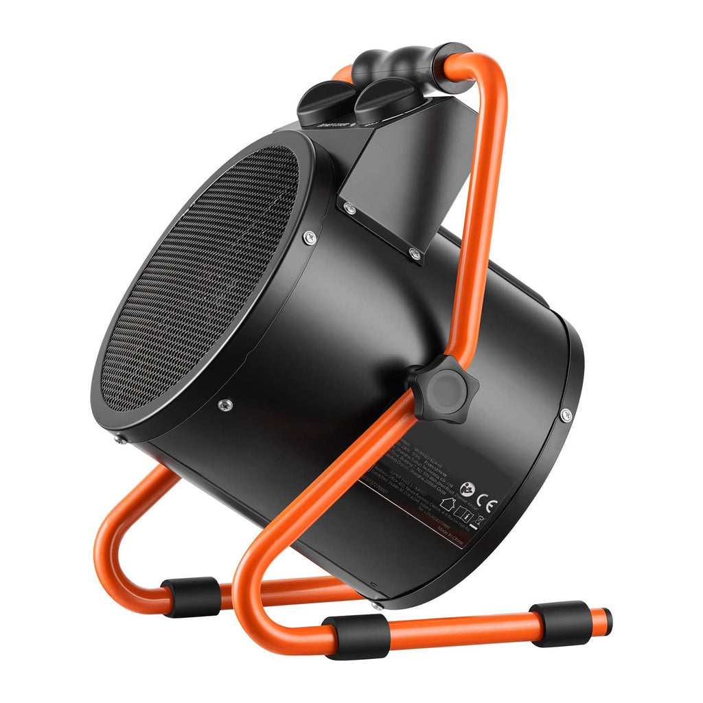 Black electric greenhouse heater with orange carry handle and stand, front fan grille