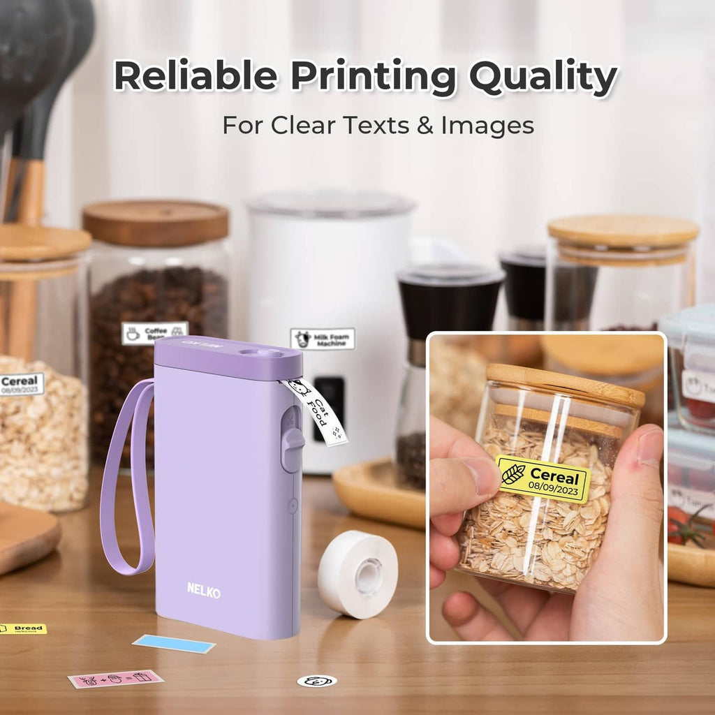 Purple label maker printing clear text and images on a small label