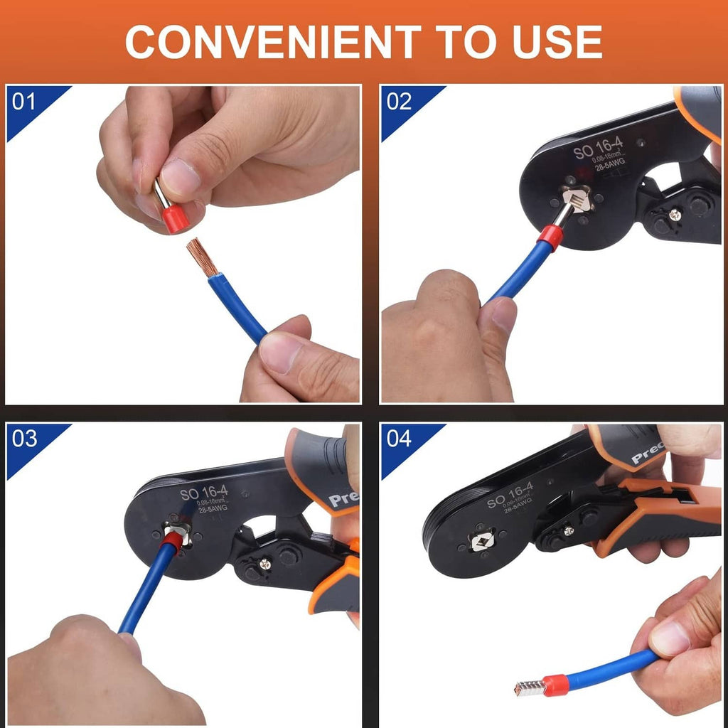 Wire ferrule crimping pliers in use, orange-and-gray handles gripping a blue cable