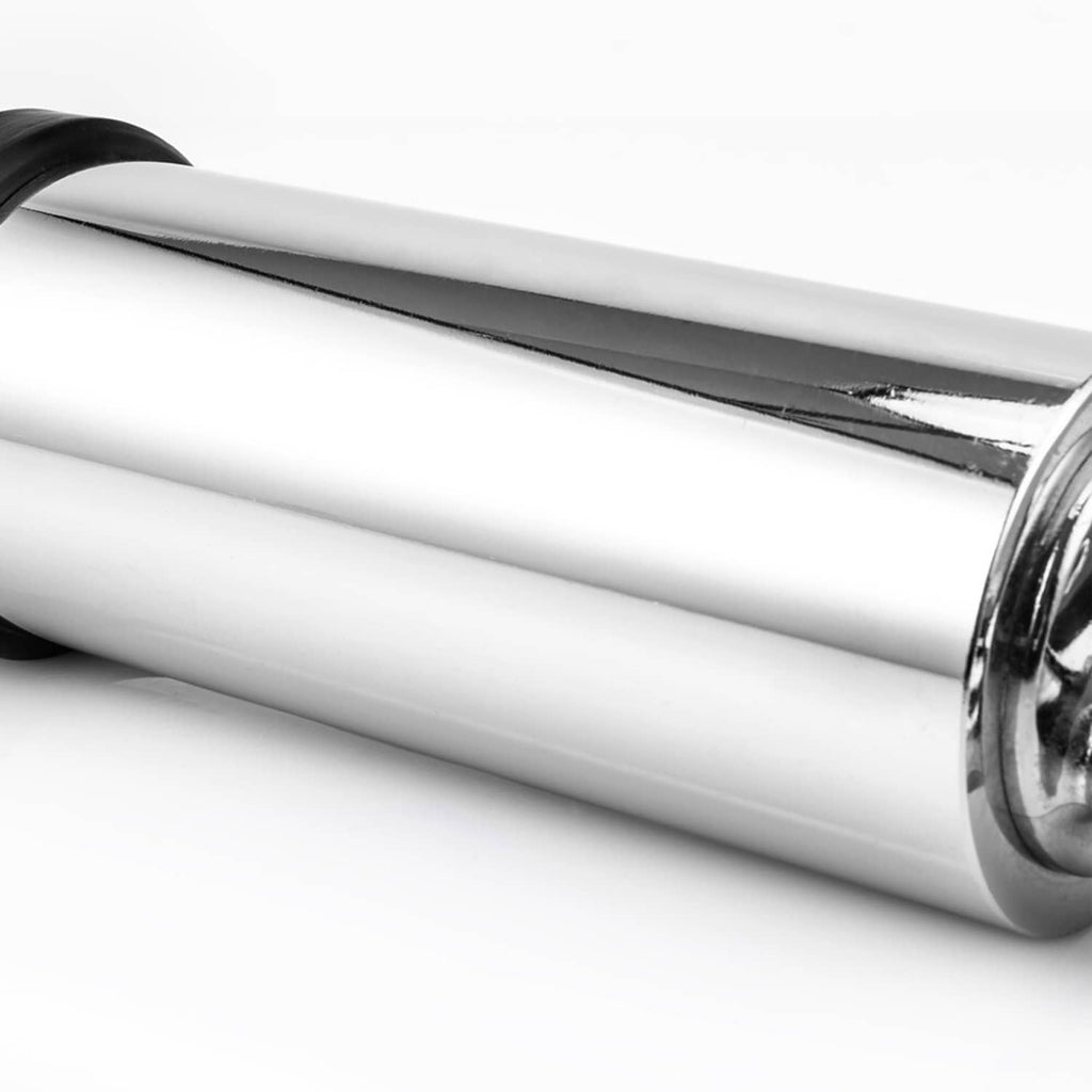 Chrome air shock cylinder with black bellows and mounting hardware edge