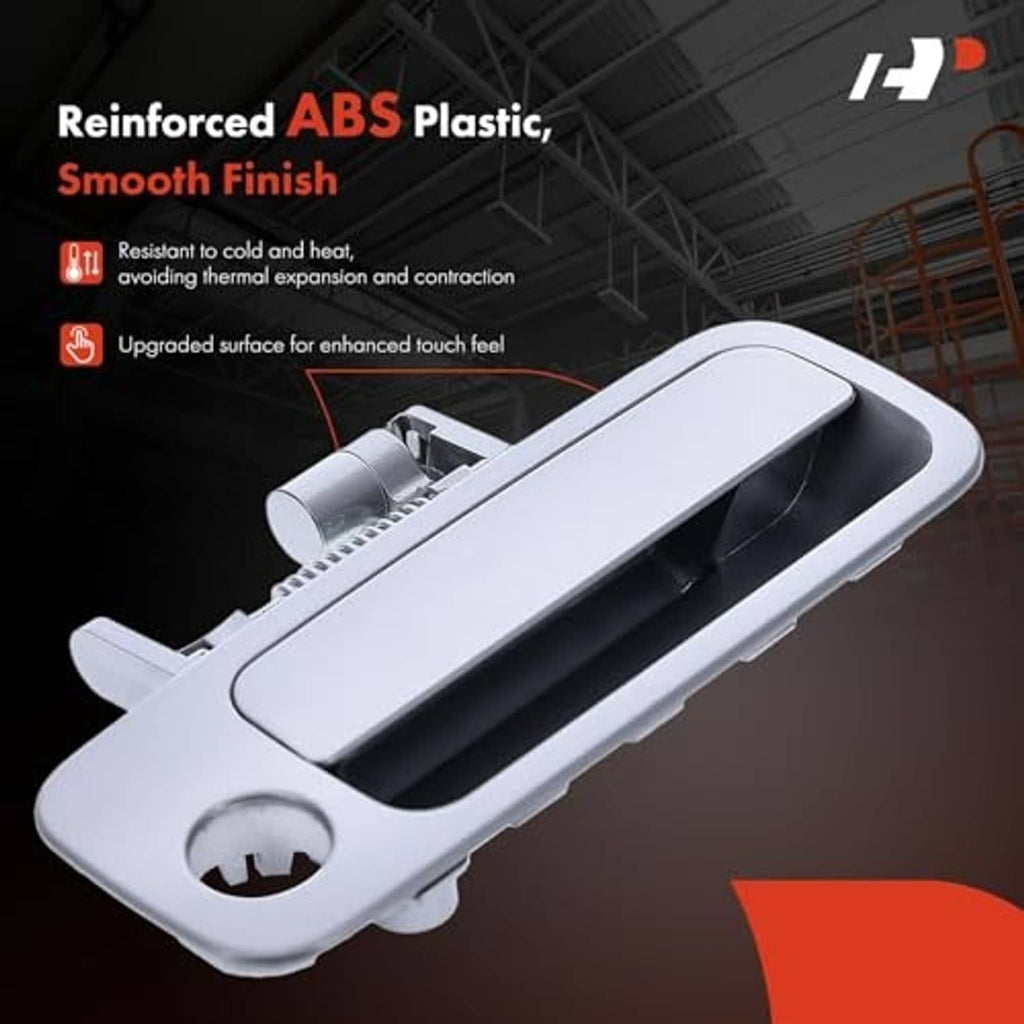 Pearl gray exterior door handle with smooth top cover and silver underside parts