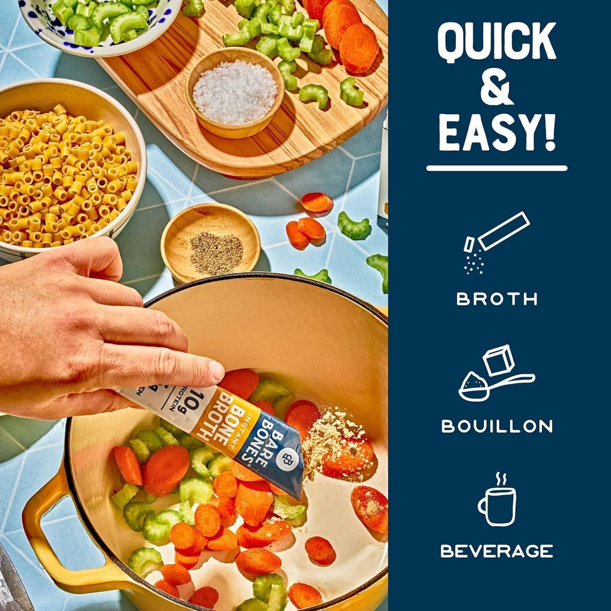 Instant bone broth powder packet beside a pot of broth with chopped vegetables