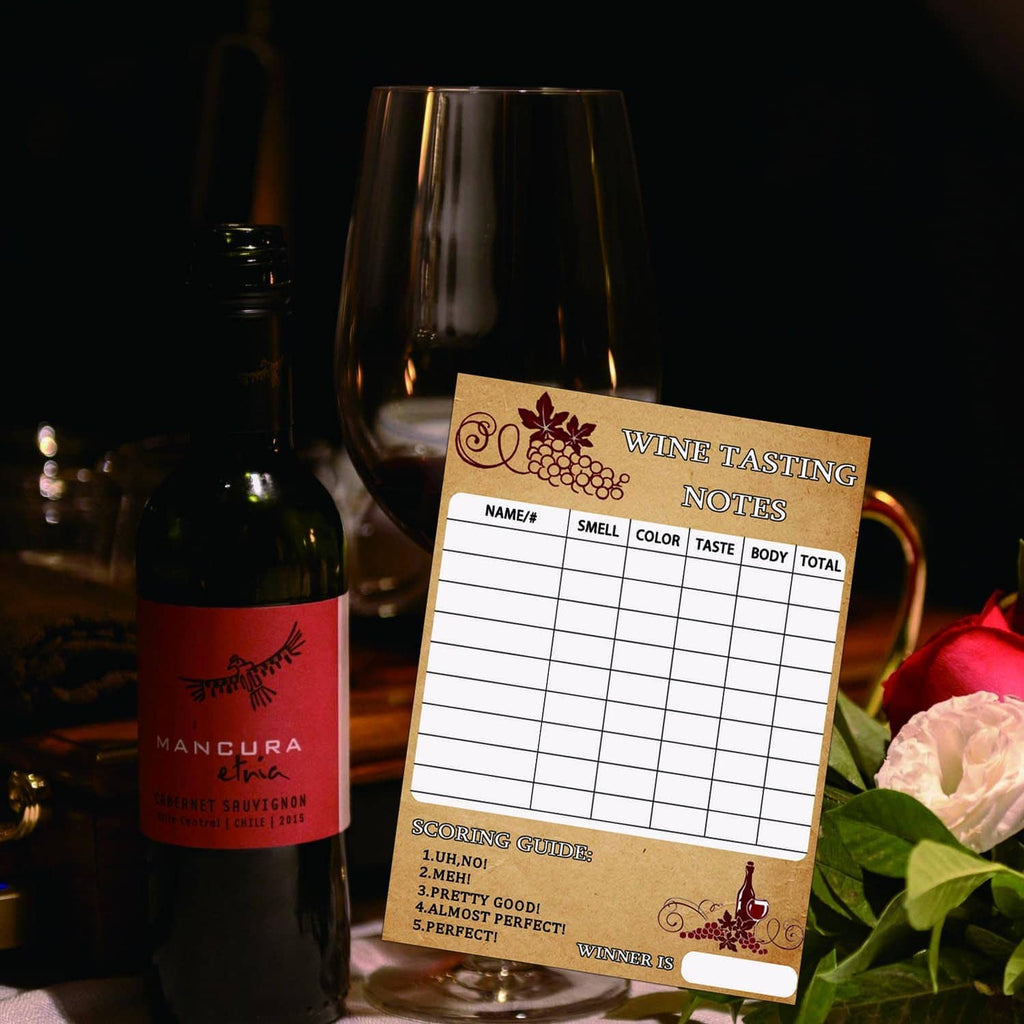 Wine tasting notes scorecard with name/smell/color/taste/body/total table and scoring guide.