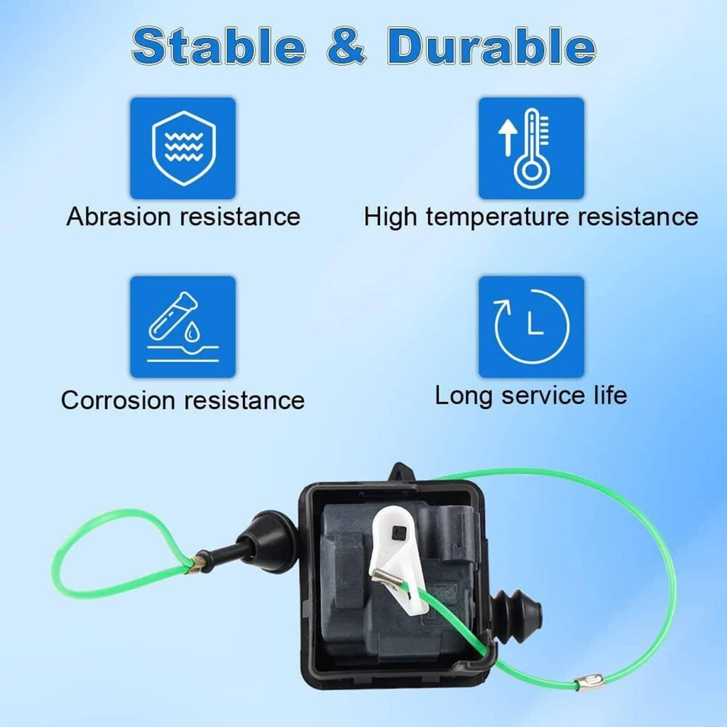 Fuel lid actuator gas door assembly, black plastic box with green wire and nozzle tip.