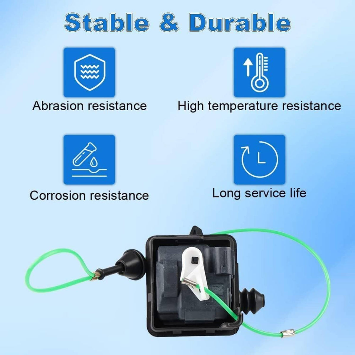 Fuel lid actuator gas door assembly, black plastic box with green wire and nozzle tip.
