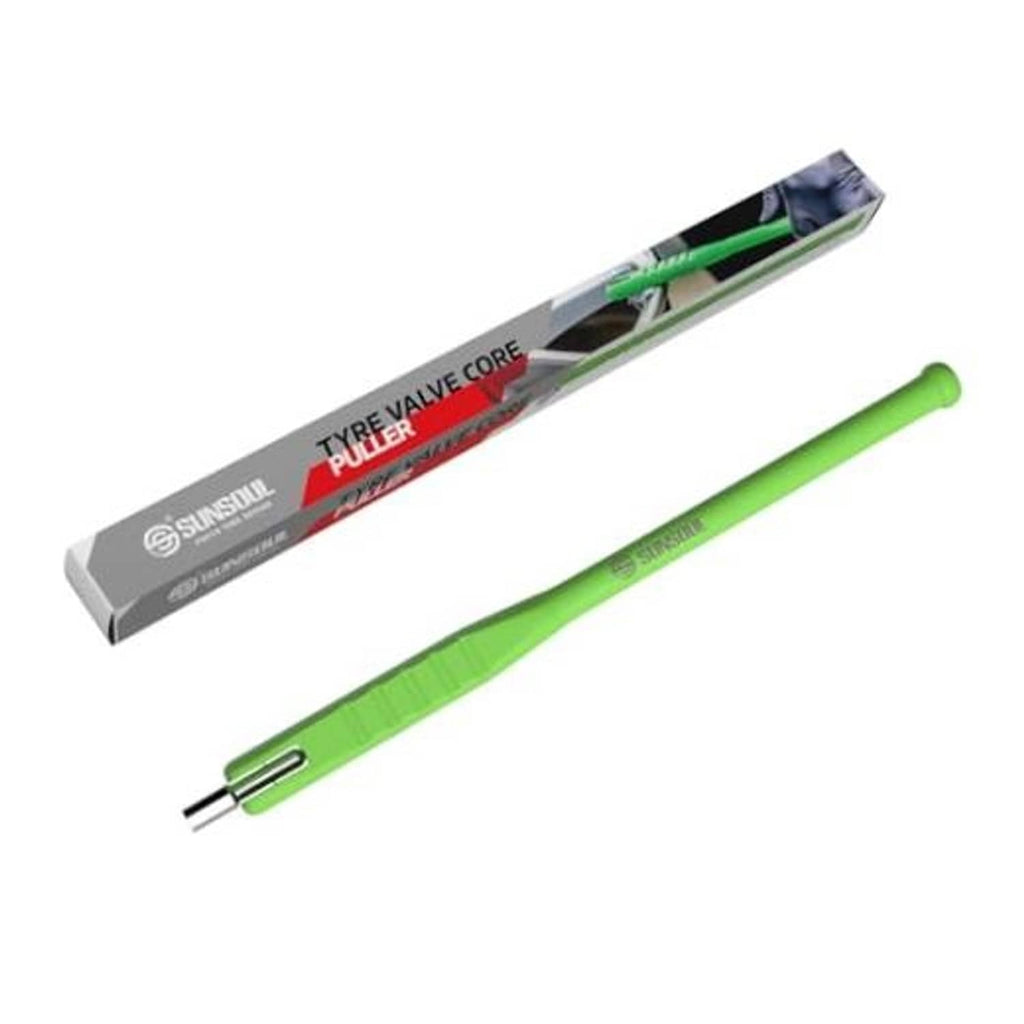 Green tire valve core removal tool with metal tip and handle