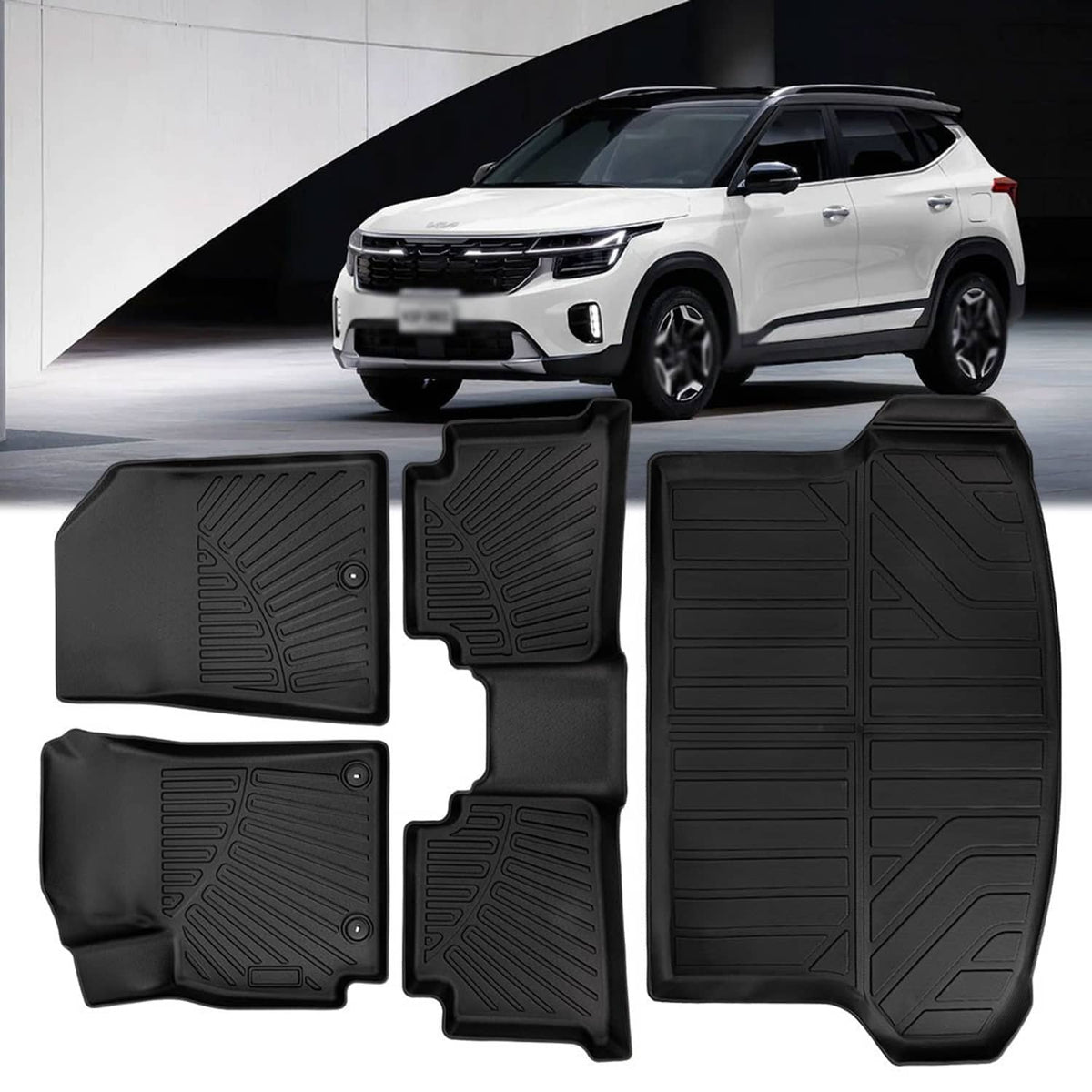Black TPE molded floor mats set with deep grooves and raised edges for vehicle floors