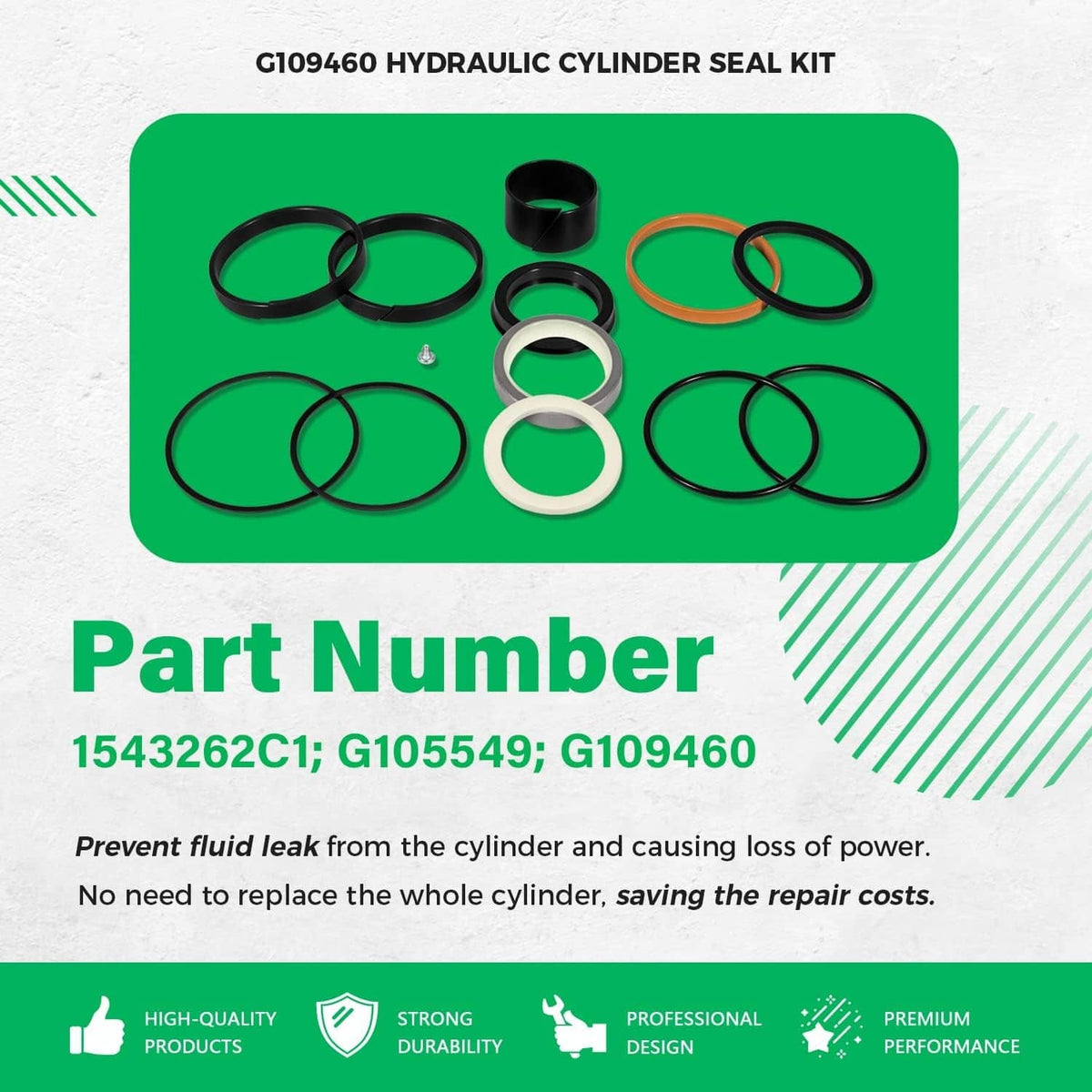Hydraulic cylinder seal kit set with multiple black, greenish, orange and white seal rings