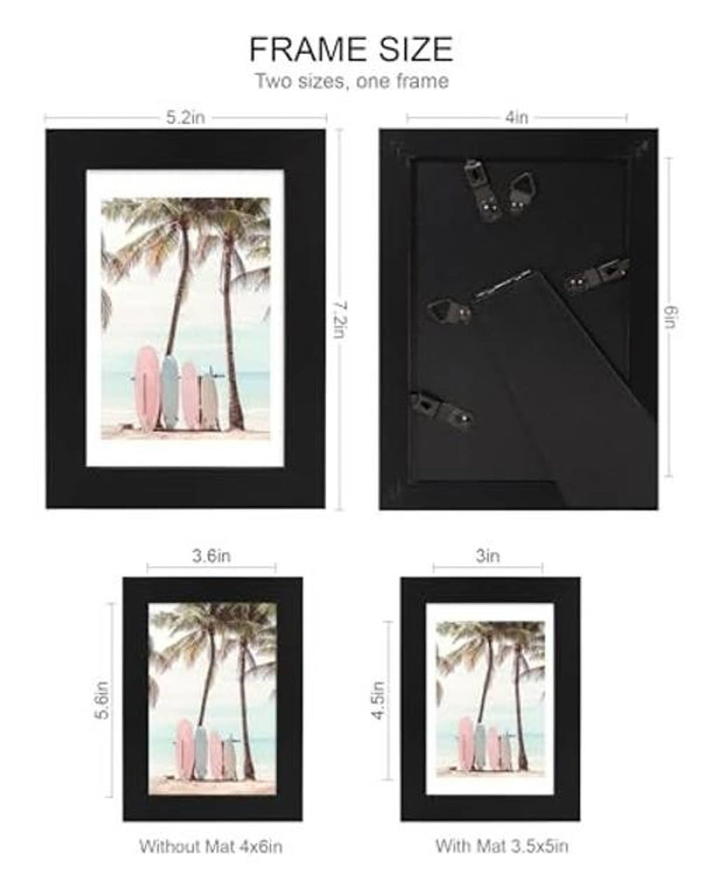 Black 4x6 picture frame size diagram, with and without mat