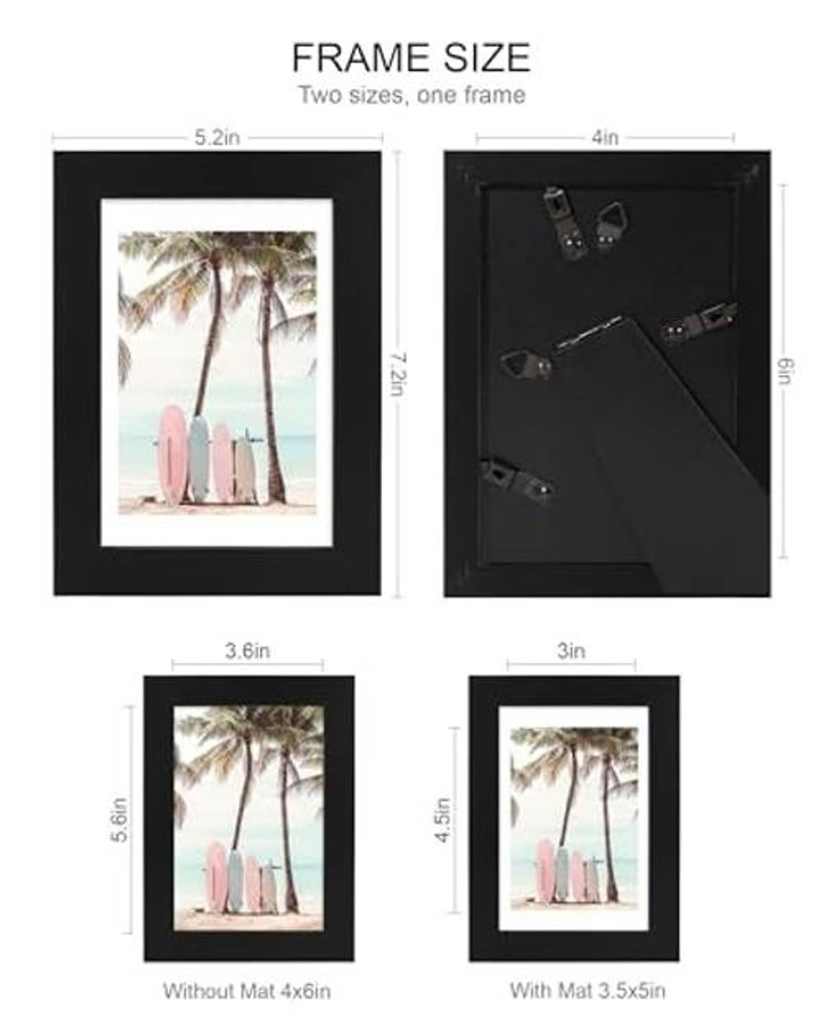 Black 4x6 picture frame size diagram, with and without mat