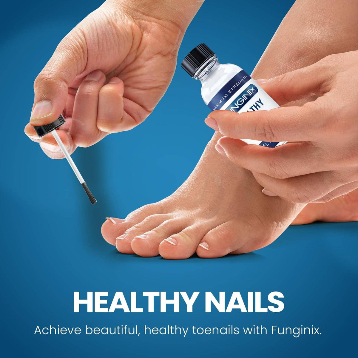 Toenail fungus treatment applied with brush to toe, with Healthy Nail Formula bottle