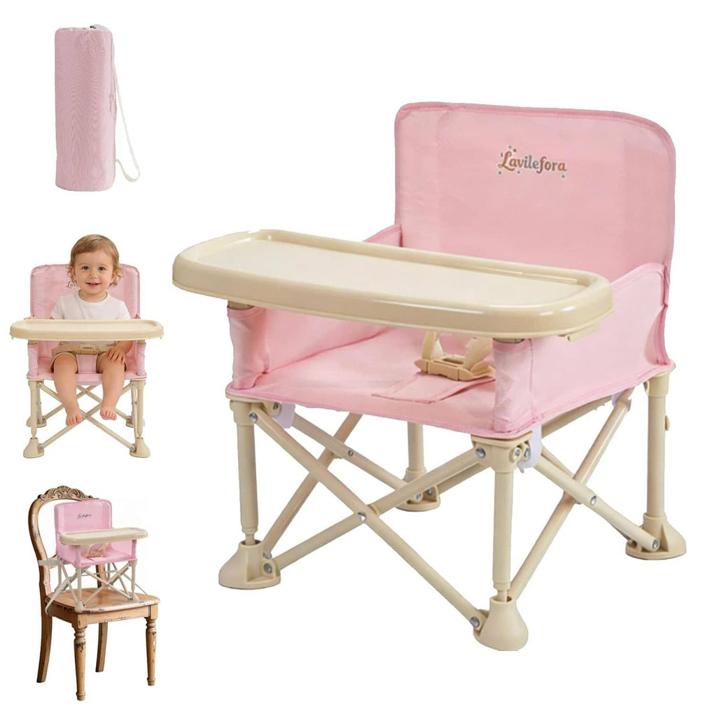 Pink folding baby booster chair with cream tray and carry bag, portable toddler seat