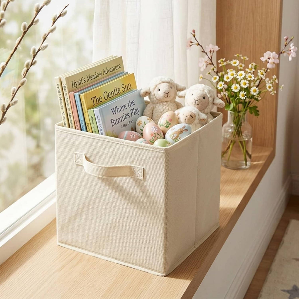 Beige fabric storage cube with pull handle holding books and small decor