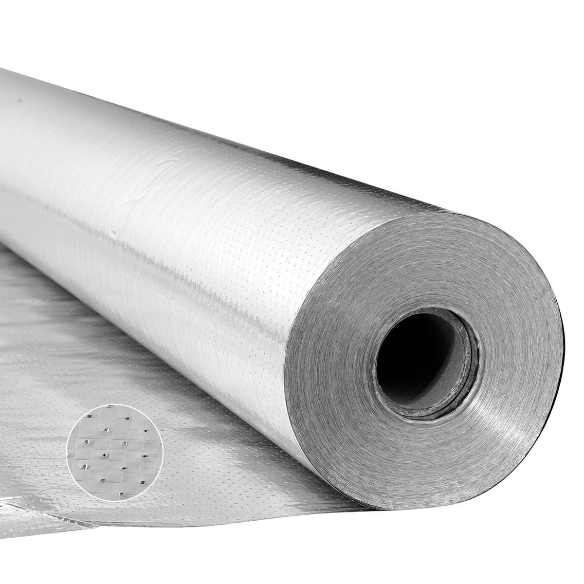 Close-up of rolled insulation edge with perforated reflective foil and woven texture
